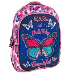 Must: Mochila escolar de tres compartimentos con estampado de mariposas 32x18x43cm