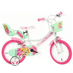 Paw Patrol Skye bicicleta infantil de 14” con cesta y asiento para muñeca en color rosa y verde menta – bicicleta Dino Bikes