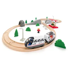 Pista de tren de madera ensamblable con tren de pasajeros y otros accesorios de 45 piezas - Woodyland