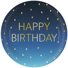Plato de papel azul con la inscripción "Happy Birthday" set de 8 unidades 23cm