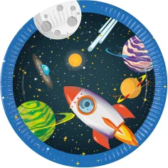 Plato de papel de aventura espacial con diseño de planetas y cohetes, set de 8 unidades