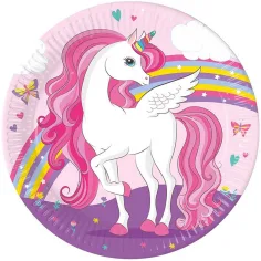 Plato de papel de unicornio arcoíris de 8 piezas de 23 cm