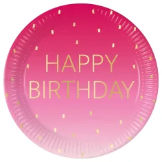 Plato de papel rosa con la inscripción "Happy Birthday" de 8 unidades 23cm