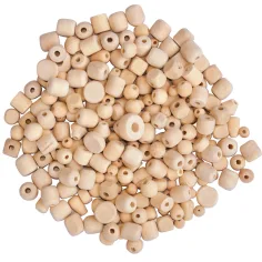 PlayBox: Perlas de madera naturales para ensartar en diferentes tamaños y formas, paquete de 500 g