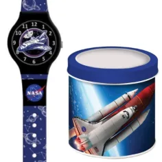 Reloj analógico NASA en caja de metal