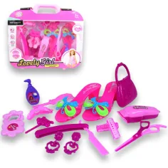 Set de belleza con accesorios de peluquería, zapatos y pendientes en una bolsa