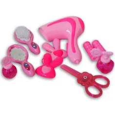 Set de belleza rosa de 10 piezas con tijeras, secador de pelo y accesorios