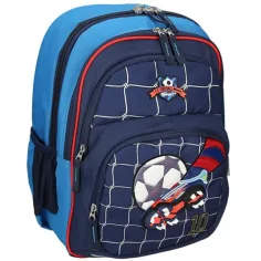 Spirit: Mochila ergonómica de cuatro compartimentos en color azul con estampado de fútbol