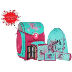 Spirit: Mochila escolar azul-rosa de 5 piezas con accesorios y luz LED