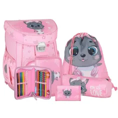 Spirit: Mochila escolar gris con gato, set de 5 piezas 38x17x28cm