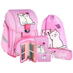 Spirit: Mochila escolar LED con estampado de gatos felices, set de 5 piezas