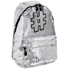 Spirit: Mochila escolar plateada con purpurina Hashtag, mochila en color plata 41x32x21cm