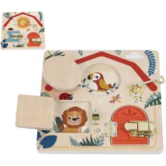 Tabla de habilidades de madera con puertas abatibles y figuras de animales