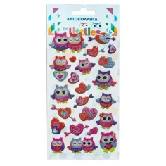 The Littlies: Set de pegatinas 3D de búhos brillantes en hoja de 10x22 cm