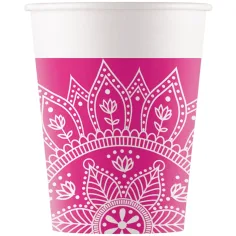 Vaso de papel mandala fucsia-blanco set de 8 piezas 200ml