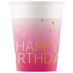 Vaso de papel rosa con la inscripción "Happy Birthday" de 200ml, set de 8 unidades