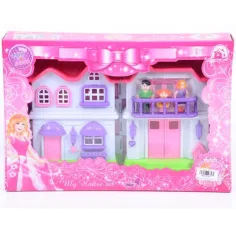 Villa familiar rosa con muebles y familia de muñecas