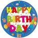 Divertido plato de papel colorido con la inscripción "Happy Birthday" set de 8 unidades