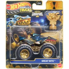 Hot Wheels Monster Trucks: Gran Mordida coche de campeón con trofeo 1/64 – Mattel
