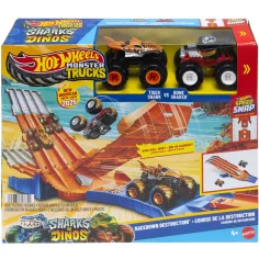 imagen de Hot Wheels Monster Trucks: Set de pista de persecución con 2 coches pequeños - Mattel 1